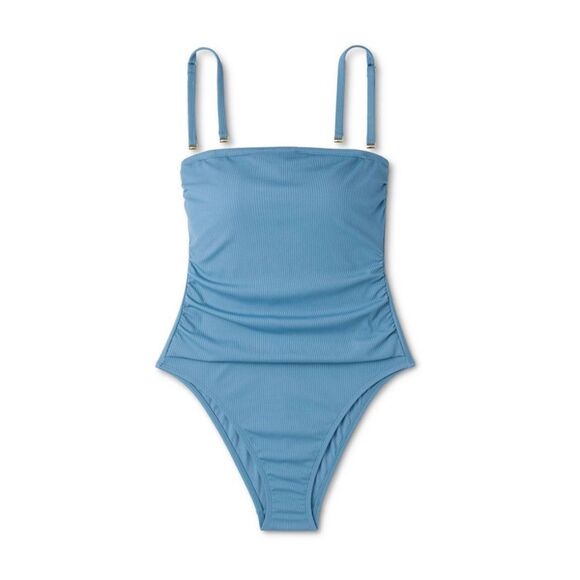 NWT Woman’s Shirred Ribbed Bandeau Cheeky One-Piece Swimsuit Blue Medium - Picture 1 of 15
